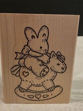 Azadi Earles Vintage Wood Mounted Stamp Baby Bunny on Toy Rocking Horse G363